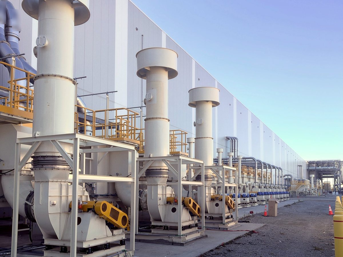 Exhaust fans and stacks along a battery plant in Ohio